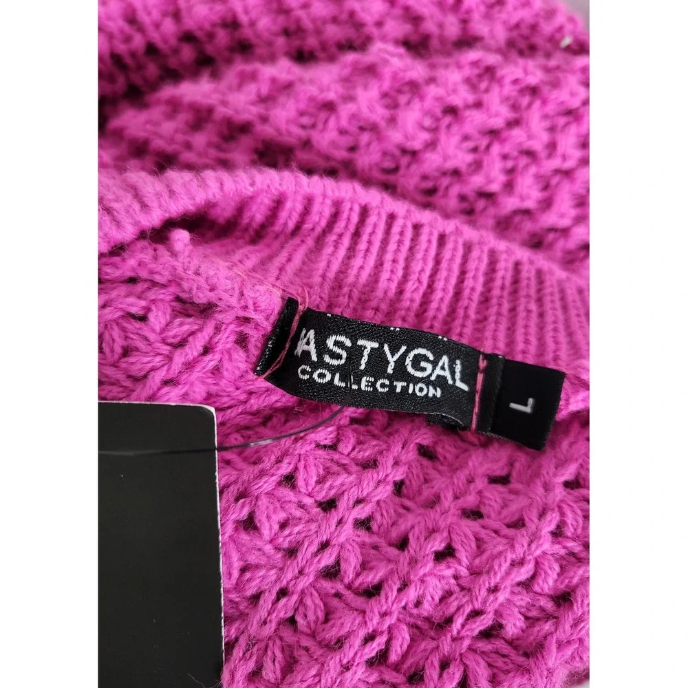 Nasty Gal Collection Magenta Ultra Cropped Waffle Knit Sweater Sz L Grunge Chic